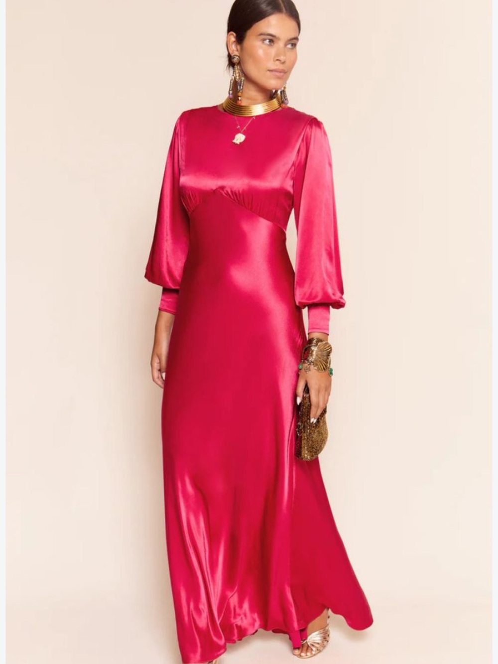 RIXO Satin Maxi Dress in Fuchsia Pink